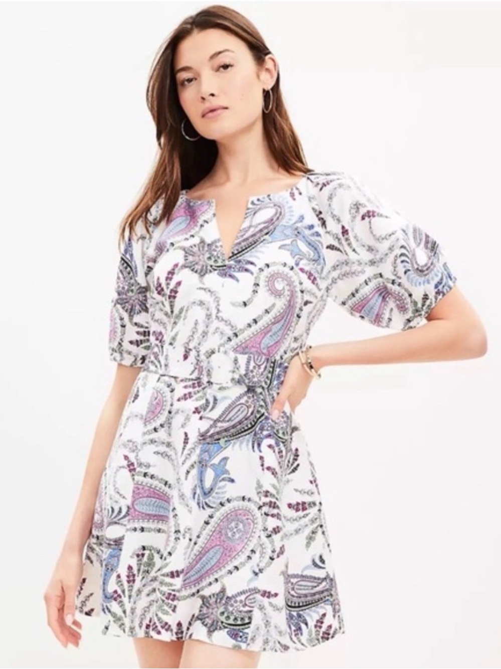 LOFT White Paisley Mini Dress with Lavender and Blue Accents